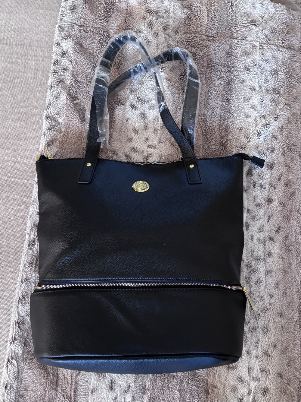 NEW Joy Mangano Smart Chic Black Leather Double Decker Weekend Tote Bag